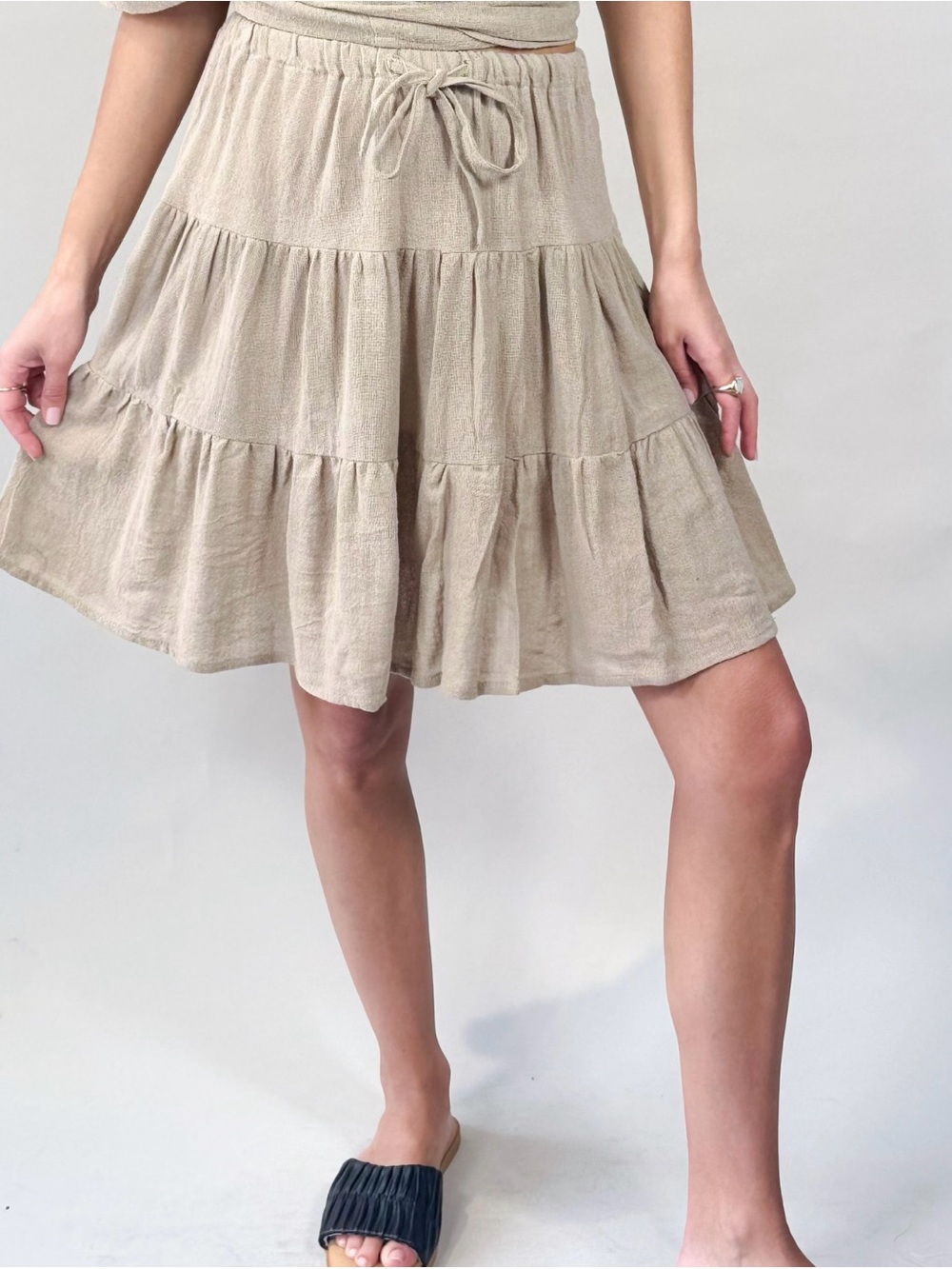 100% Linen | Tiered Drawstring Mini Skirt in Beige